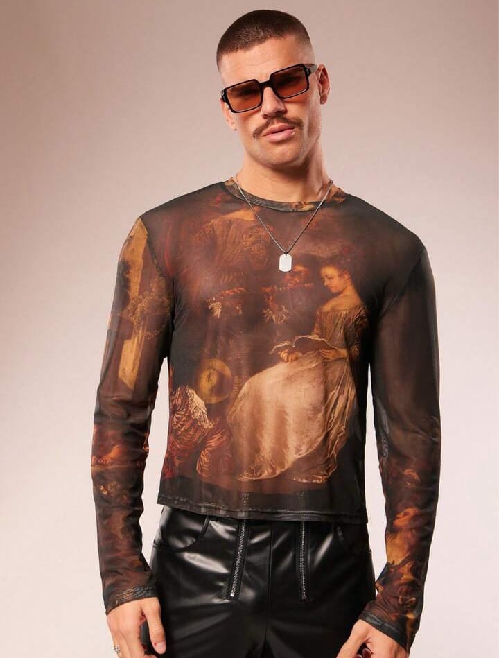 Men's Printed Floral Print Sheer Croppel Long Sleeve Tees